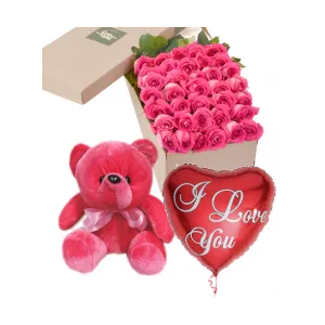 36 Pink Roses Box,Red Bear with I Love u Balloon