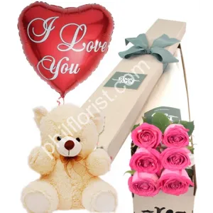 Send 6 pink roses box pink bear with balloon to Philippines