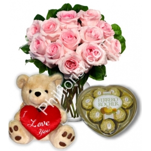 Send 12 Pink Rose vase ferrero rocher chocolate with Bear to Philippines
