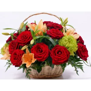 12 red roses and lilies basket