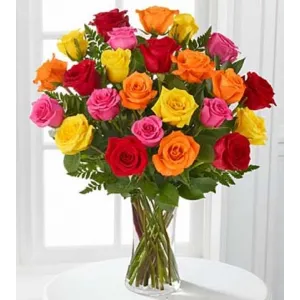 24 Mixed Color Roses in Vase