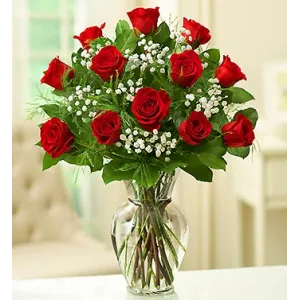 12 Red Roses in Vase with Greenery