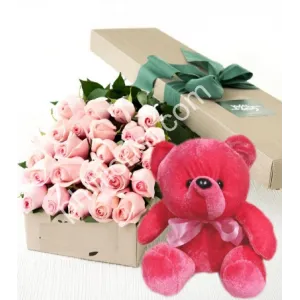 send 24 pink roses in box with bear to philippines