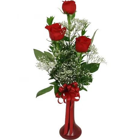 3 Red Roses in Vase with Greenery