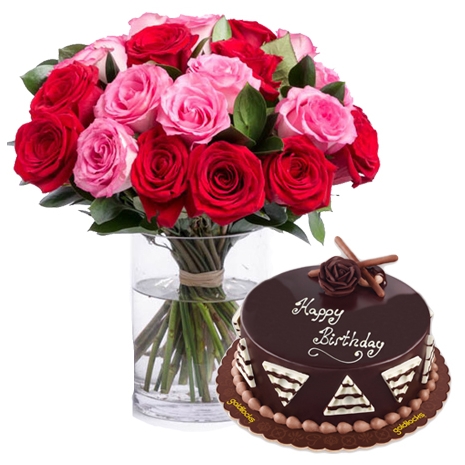 18 Red and Pink Roses with Chocolate Cake