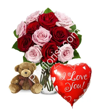 Send red & pink rose vase brown bear with love you balloon to Philippines