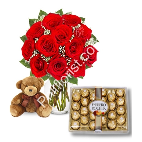 Send red roses vase 24 pcs ferrero box with mini bear to Philippines