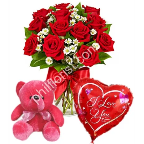 Send 12 red roses vase red bear with balloon to Philippines