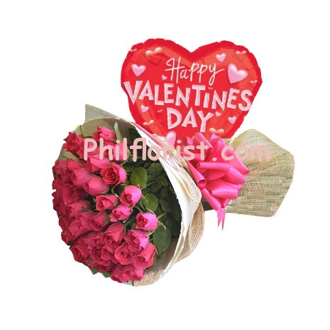 24 Pink Roses Bouquet w/ Valentines Balloon to Philippines
