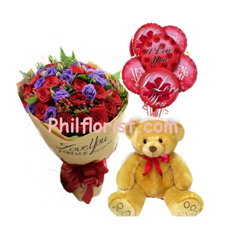 12 Red Roses Bouquet,Love you Balloons w/ Bear to Philippines