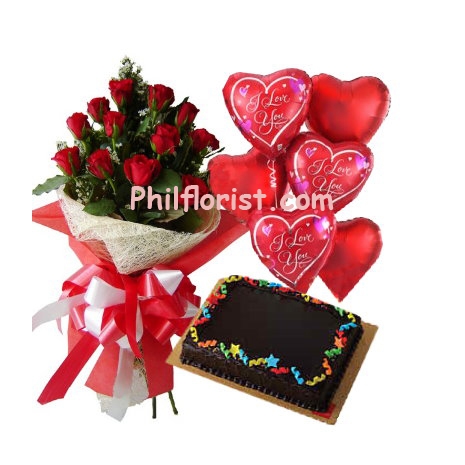 12 Red Roses Bouquet,Balloon w/ Chocolate Cake Send to Philippines