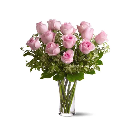 12 Pink Roses in Vase