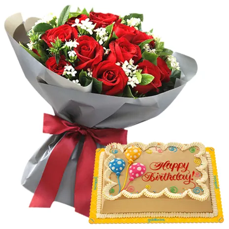 red roses bouquet with birthday cake to philippines