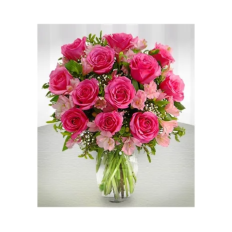 12 Pink Roses and Pink Gerberas in Vase