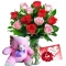 12 Red & Pink Roses Vase w/ Teddy Bear Send to Philippines
