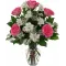 6 Pink Roses with Seasonal Flowers in Vase